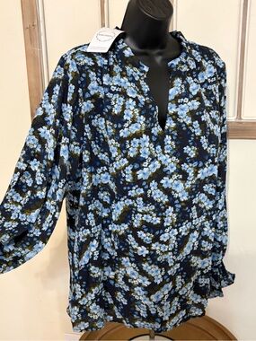 MASCOMODA Floral Ruffle Blouse Size XL NWT Blue Black Long Sleeve Boho Top